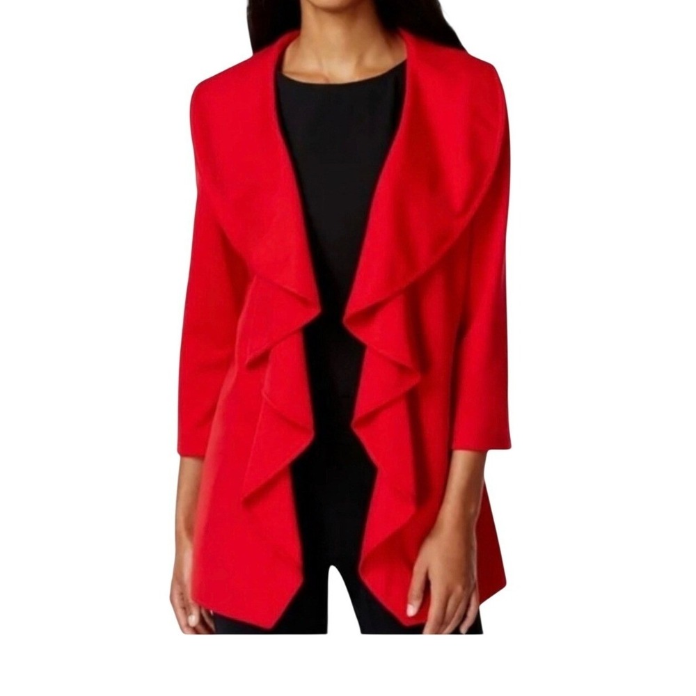 Calvin Klein Ruffle Front Blazer Women 12 Red Open Cardigan 3/4 Sleeve Lined